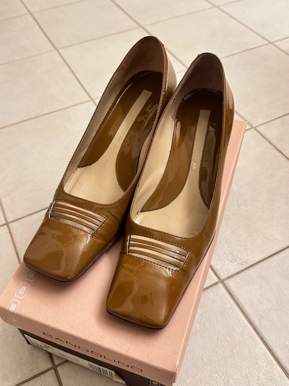 Via Spiga Patent Leather Square-Toe Block Heels in Brown